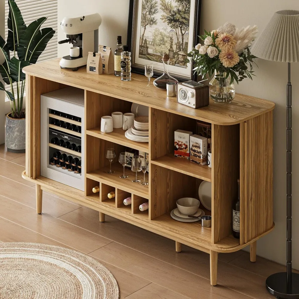 Barra de café "59" con puertas de pandereta estriadas - Gabinete de almacenamiento con estante de 4 vinos para sala de estar y cocina"