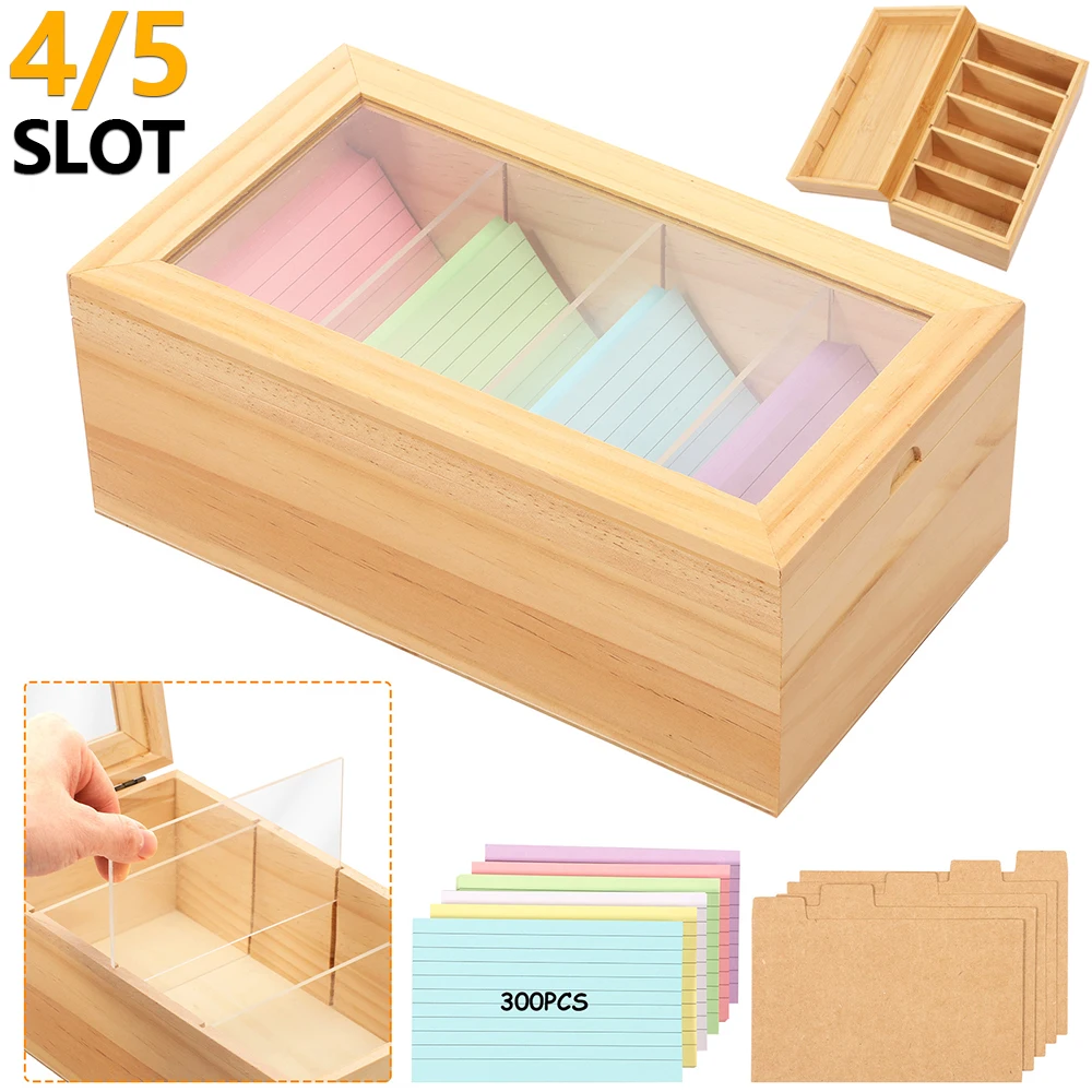 4/5 Slot Index Card Holder Set Wooden Desktop Storage Box with Lid Adjustable Divider File Note Holder Home Recipe Box Organizer