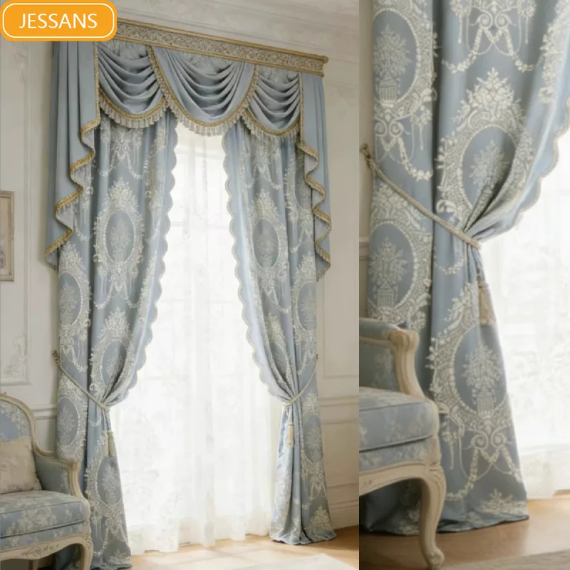 

New Retro European Flower Blue Gray Jacquard Curtains for Living Room Bedroom Study Partition Curtains Villa Customization