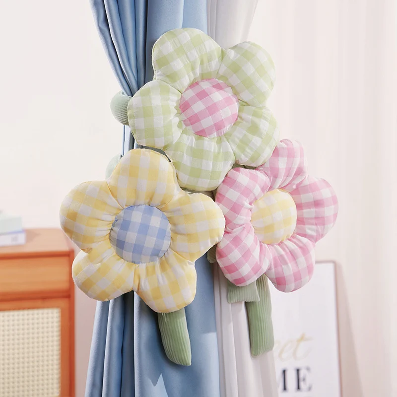 90cm Grid Flower Curtain Buckle Strap Stuffed Plush Curtain Hook Spring Flowers Plush Filled Rope Home Bedroom Decor