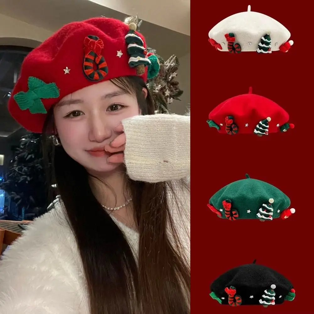 

Winter New Year Christmas Beret Cap Red Green Wool Felt Christmas Beret Hat Dress Up Sweet Xmas Painter Hat Girls