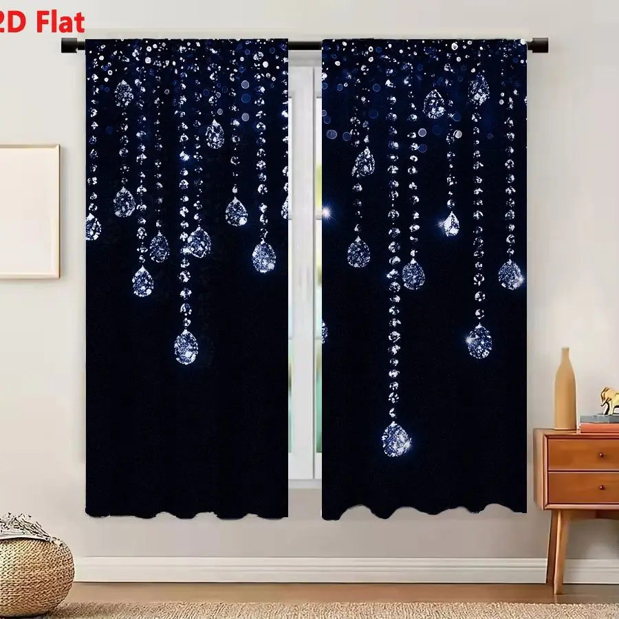 2Pcs Curtains Add 2D Flat Elegant Abstract Diamond Droplets On Navy Blue Background With Magical Shimmer Window Drapes for Bedro