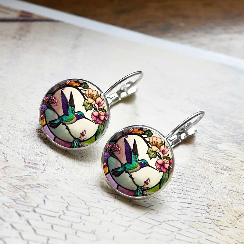 Fashion Hummingbird Glass Dome Cabochon Earrings For Women Rainforest Bird Jewelry Accessories