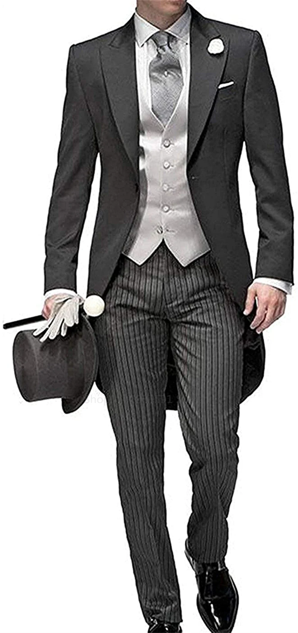 2PCS Men\'s Tailcoat Tuxedo Peaked Lapel One Button Formal Slim Fit Suit Dinner Jacket Swallow-Tailed Coat Wedding Prom Suit