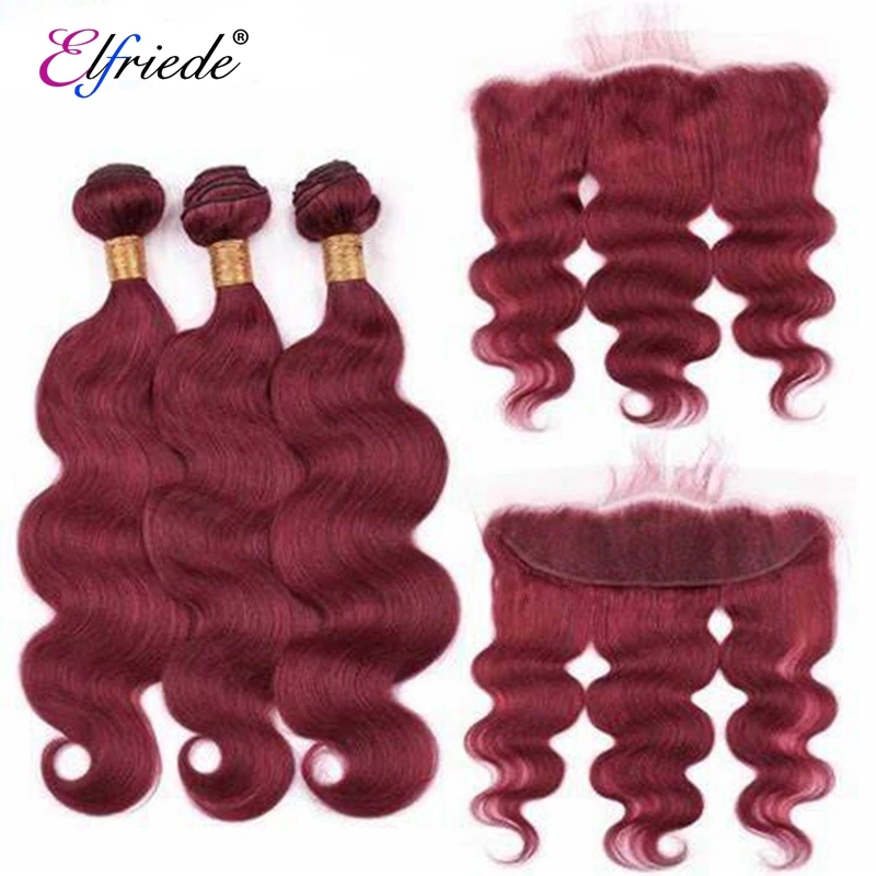 Elfriede #99J Precolored Body Wave Hair Bundles with Frontal 100% Remy Human Hair Sew-in Wefts 3 Bundles with Lace Frontal 13x4