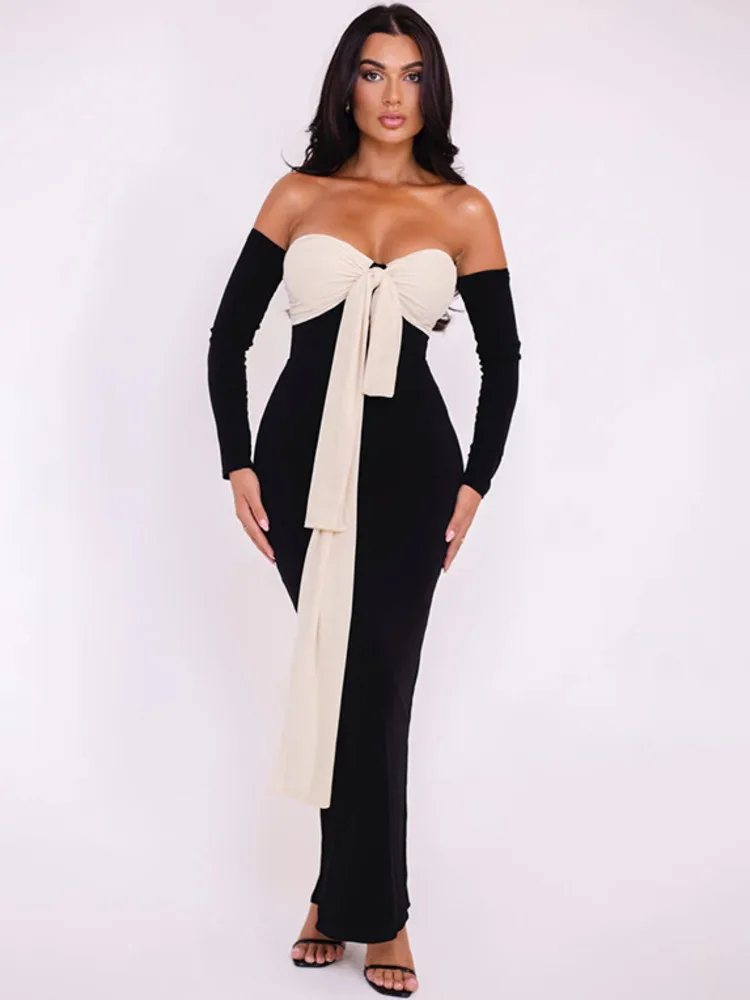 Mozision Patchwork Off-shoulder Sexy Maxi Dress For Women Gown Contrast Color Strapless Long Sleeve Bodycon Sexy Long Dress