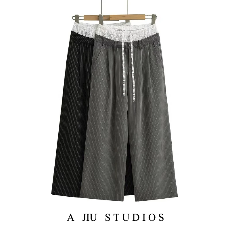 

Женские повседневные брюки с высокой талией и широкими штанинами, с кружевными вставками, струящиеся, в вертикальную полоску, для весны и осени, в уличном стиле