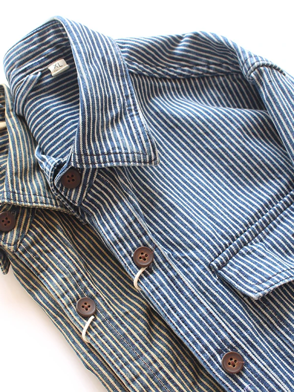 

Мужская джинсовая рубашка в ретро-стиле с полосками, свободного кроя, повседневная, длинная, для осени, универсальная, с классическим воротником