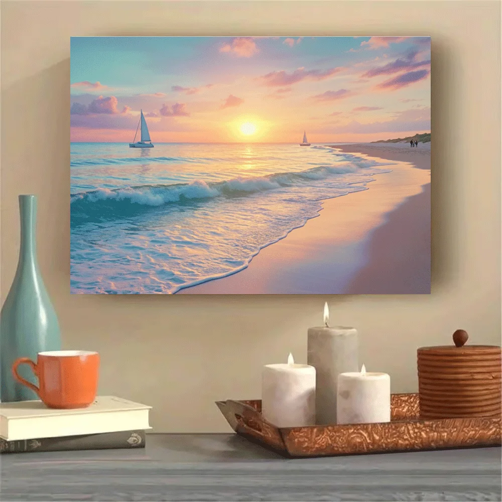 1PC-Unframed Canvas poster wall decoration Sunset Beach Sailboats Tropical Coastal Waves Summer Scenic Landscape