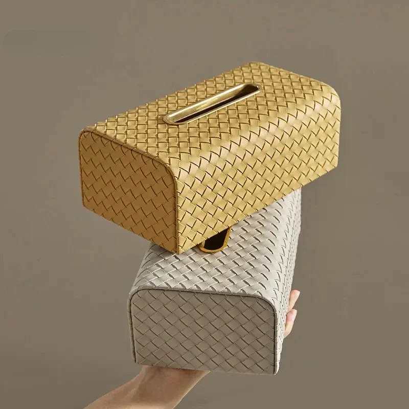 Nordic Organization Leather Tissue Boxes Light Luxury Golden Stroke Solid Color Napkin Holder Home Decoration Tissue Box Cover