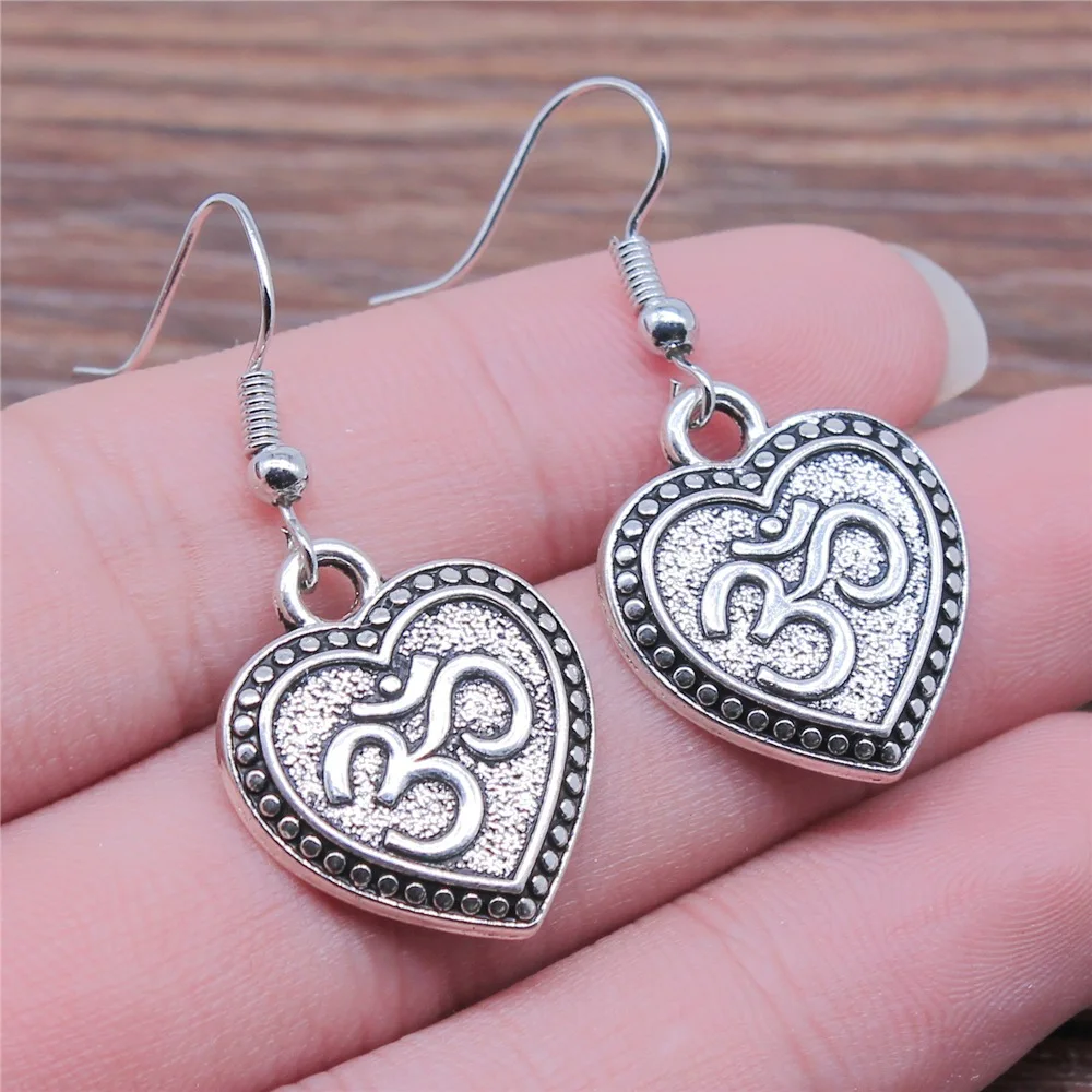 Fashion Handmade Simple Design Antique Silver Color Heart Om Pendant Earrings Drop Earrings