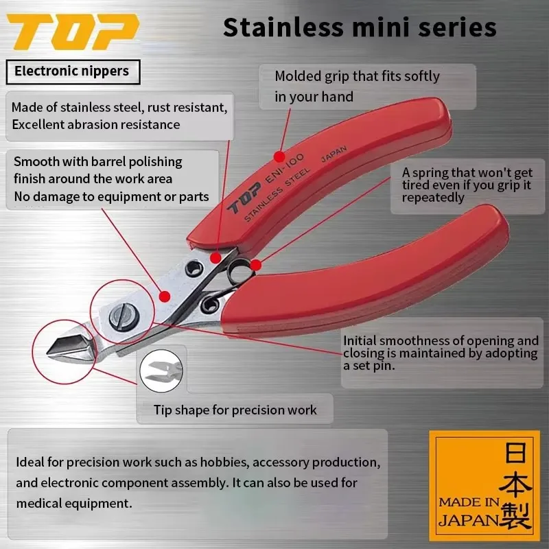 Japan ENI-100 108mm 0.13-1.2 Soft Wire Cutter Stainless Steel Electro Nipper Jewelry Making Tool Wire Cutting Plier