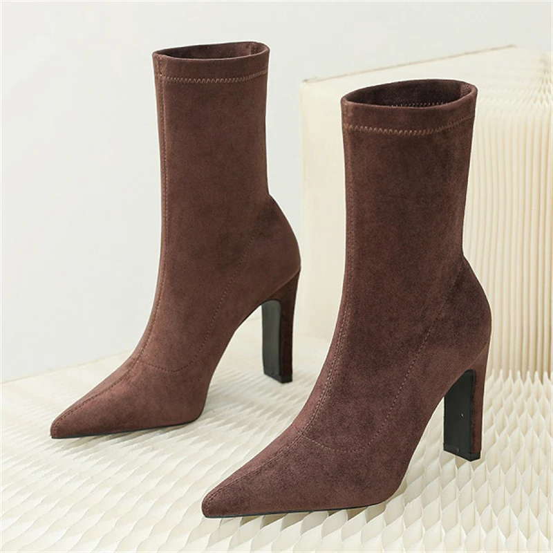 Eilyken Winter Thick Heel Sock Flock Women Boots Pointed Toe Ankle Booties Sexy Female Shoes Plus Size 34-42