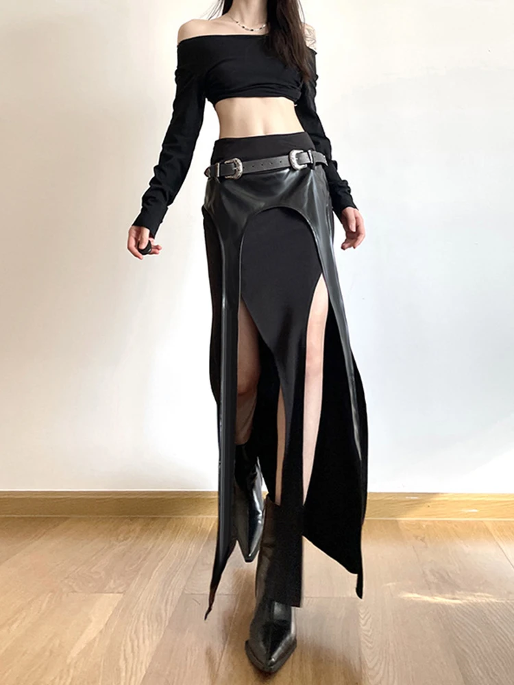 AltGoth Harajuku Cyber Punk Irregular Skirt Women Dark Academia Gothic Streetwear Y2k Pu Leather Patchwork Belt High Waist Skirt