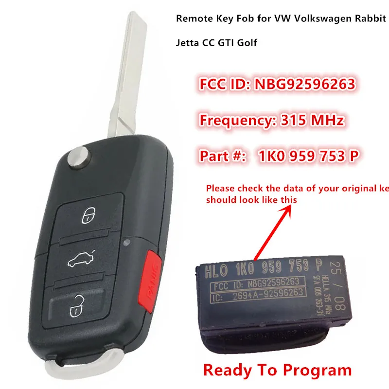 NBG9259626 1K0959753P 315MHZ ID48 Flip Key Remote Control For VOLKSWAGEN VW GOLF EOS GTI Rabbit JETTA Car Fob 4BTN 1K0 959 753 P