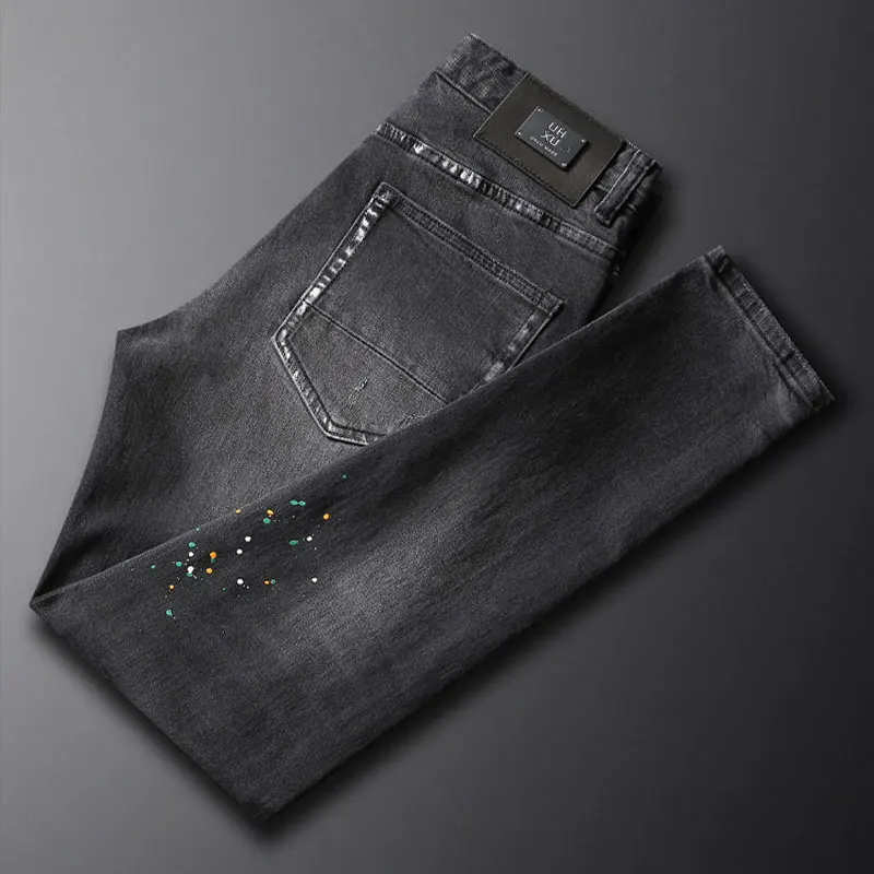 High Street Fashion Men Jeans Retro Black Gray Stretch Slim Fit Printed Ripped Jeans Men Painted Designer Hip Hop Denim Pants