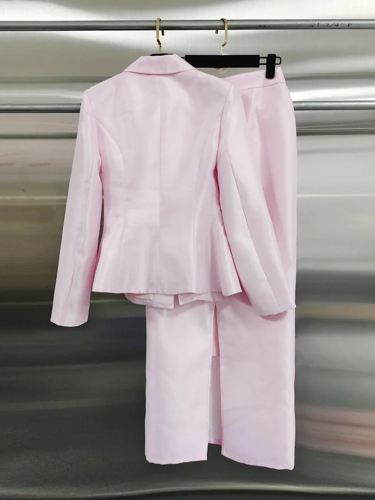 Elegant Office Ladies Diamond Bow Pink Suits Set Blazers Long Skirt Two-Piece Set Fashion Single Breasted Banquet Coat Outfits