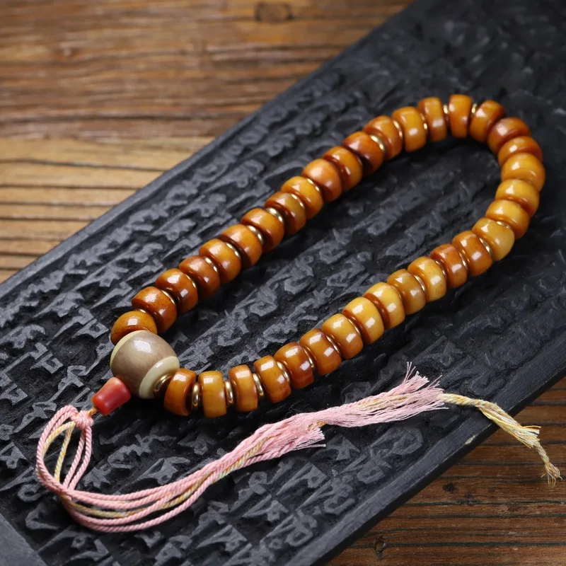 Tibetan-style natural jadeified hand-held car pendant, old wax-colored yak bone Buddhist beads with patina