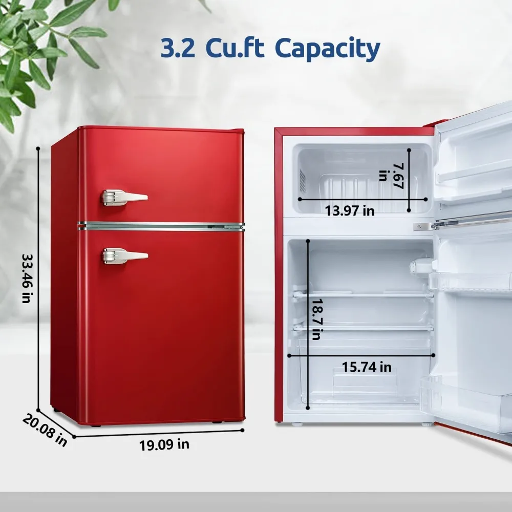 Mini refrigerador com congelador, refrigerador compacto da porta dobro, mini refrigerador retro para o dormitório, o escritório e o quarto, vermelho, 3,2 Cu. ft