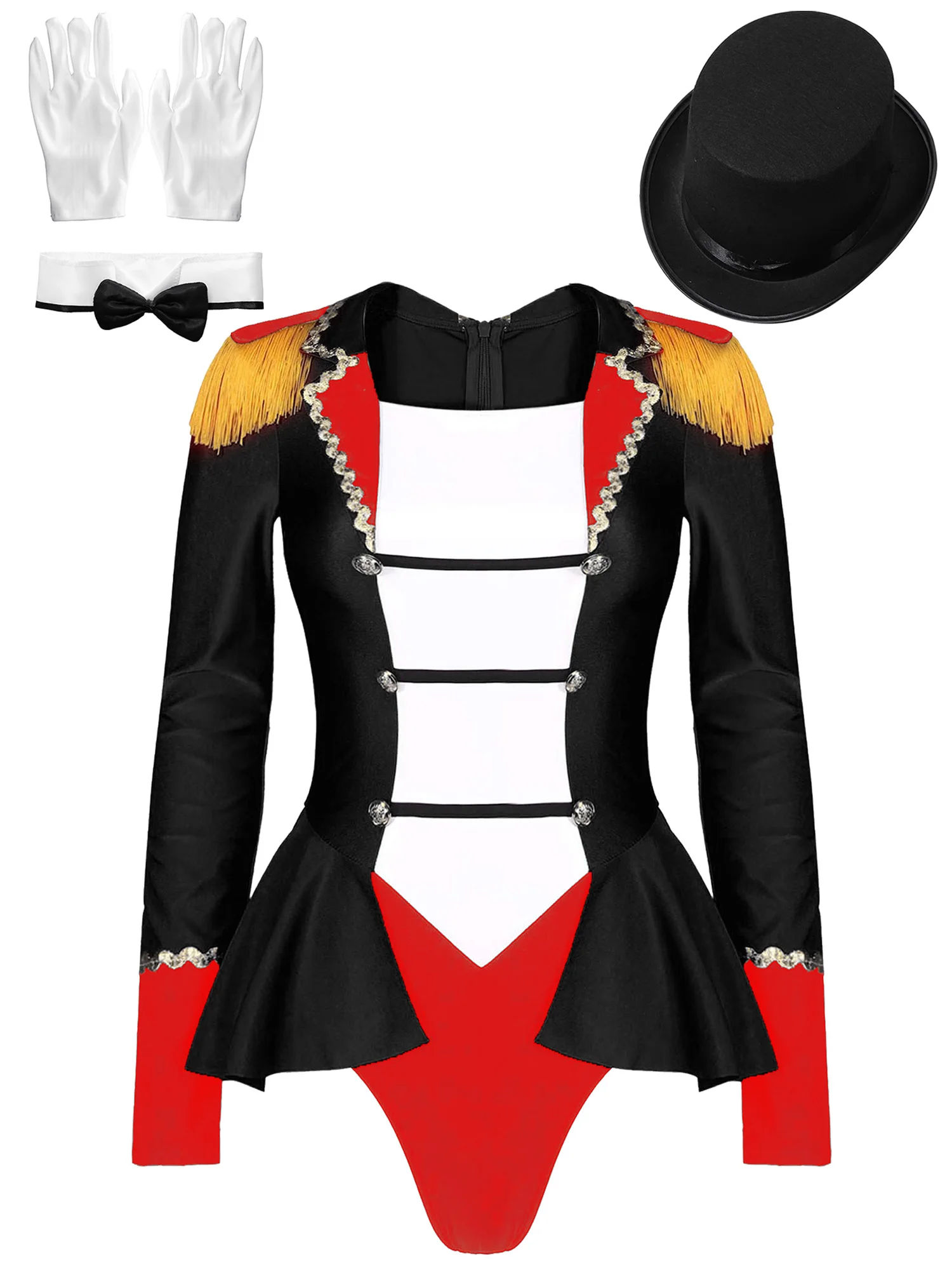 Womens Circus Ringmaster Costume Long Sleeve Lapel Fringed Shoulder Bodysuit with Hat Bow Collar Gloves for Halloween Dress Up