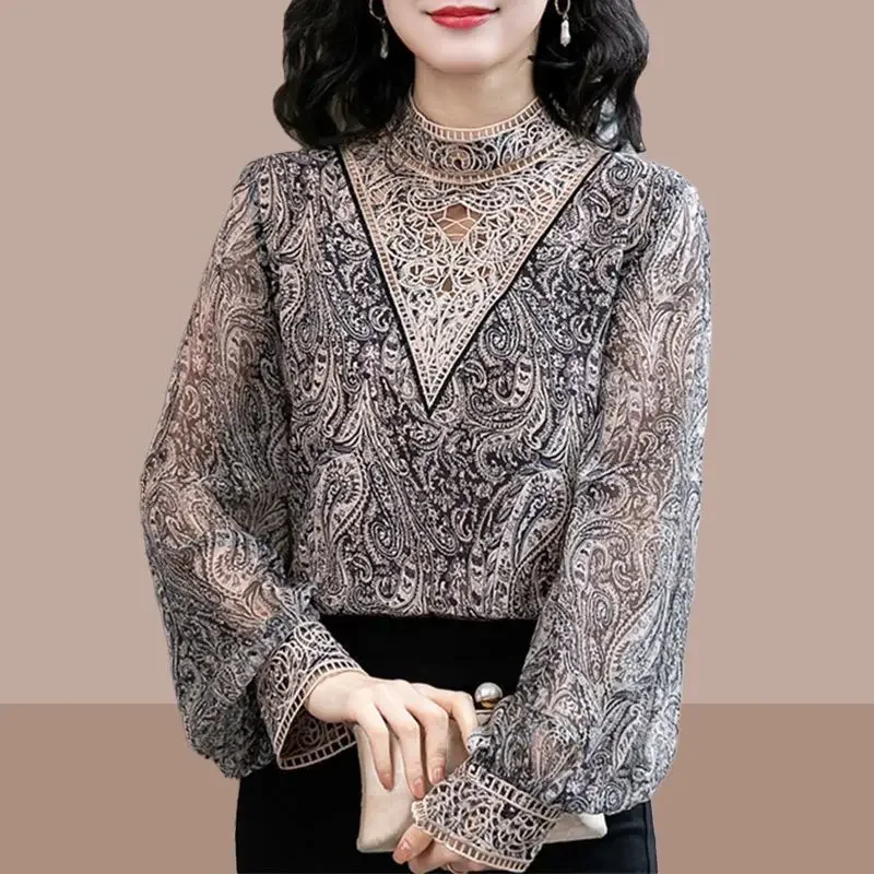 Women Blouse Chiffon Shirt Women\'s Long-Sleeved Spring Printed Lace Shirt Top Blusas Mujer De Moda