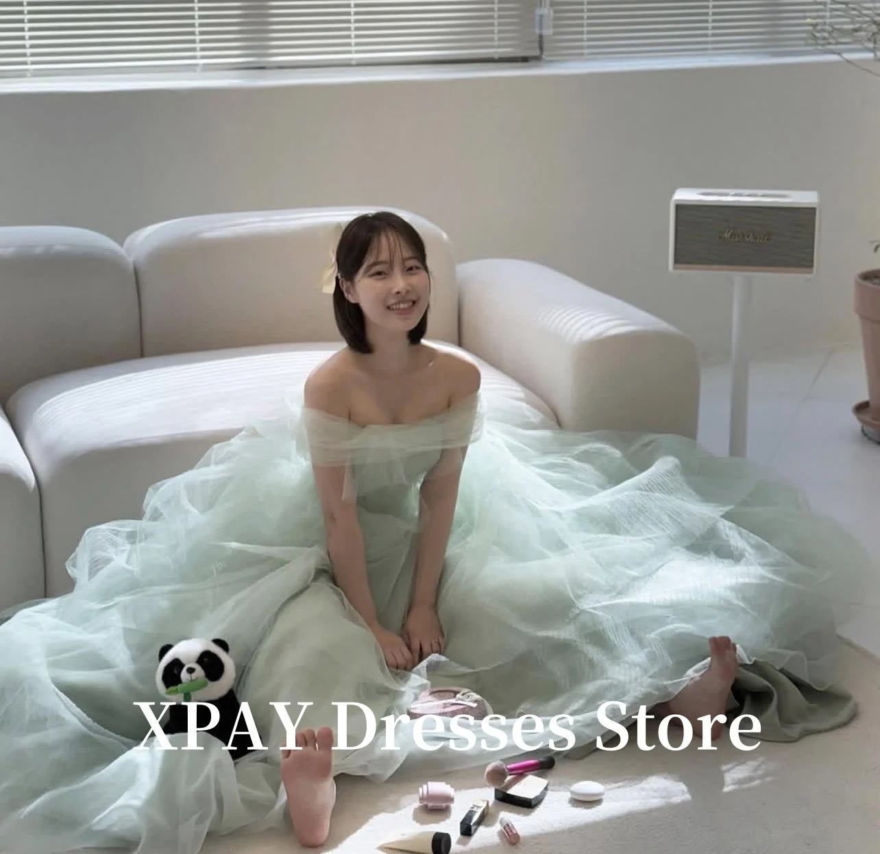 XPAY Fairy Sage Green Tulle Evening Party Dresses Korea Wedding Photo shoot Sweep Train Long Prom Gowns Formal Customized