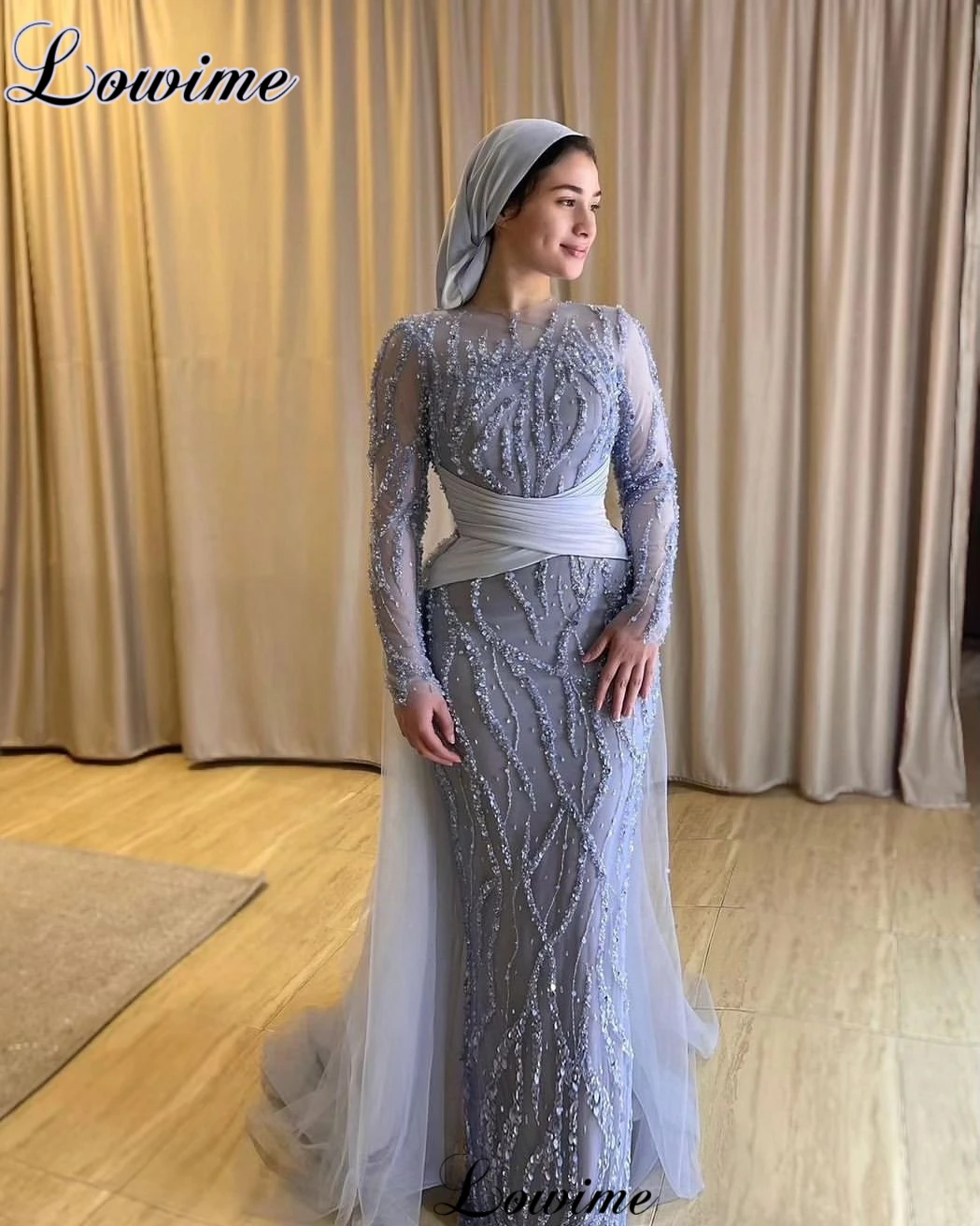 Middle East Gray Sequined Evening Dresses Mermaid Muslim Long Sleeves Formal Occasion Dresses Robes De Soirée Prom Party Gowns