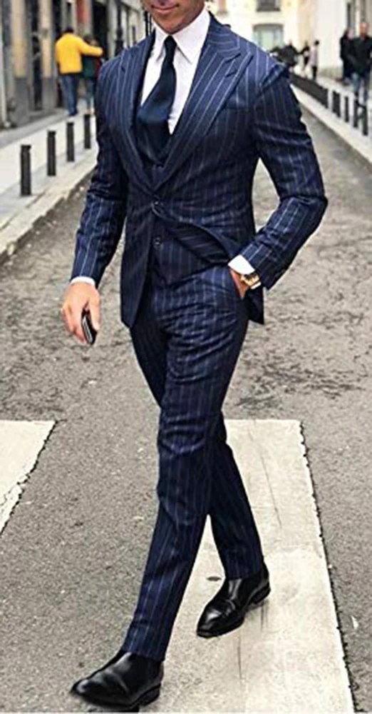 Men\'s One Button Pinstripe Suit Peaked Lapel Jacket Tux Vest Trousers Dress  Groom Business Tuxedos men suits wedding prom suits