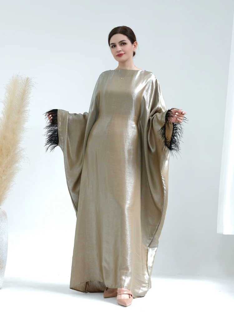 Party Abaya Long Dress for Women Shining Feather Sleeve Islamic Clothing Dubai Turkey Muslim Evening Dresses Inside Belt Kaftan