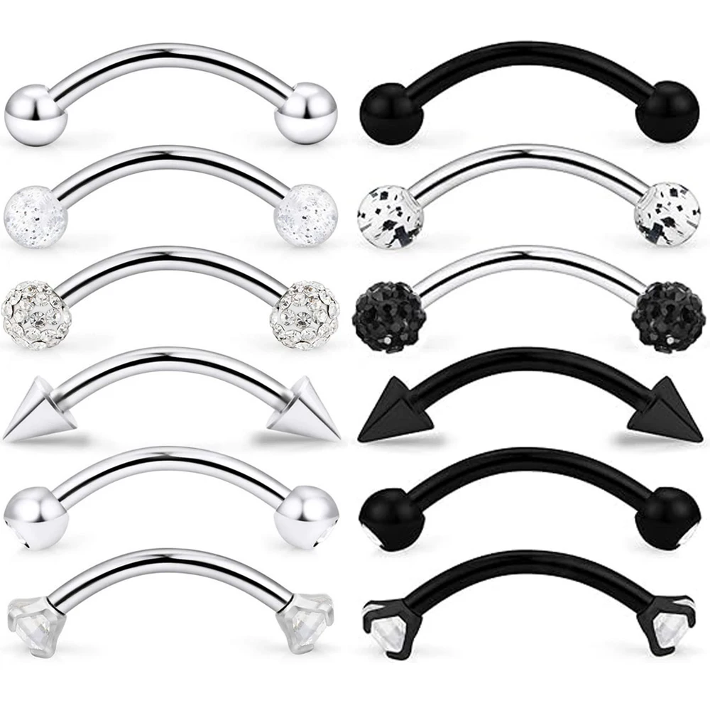 1/6 Pcs 16G Surgical Steel Daith Rook Earring 6mm 8mm 10mm Curved Barbell Eyebrow Rings Piercing Jewelry Women Men Silvery/Black