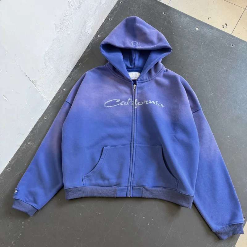 California Script Zip Hoodie Men Purple Blue Ombre Fade Washed Grunge Top