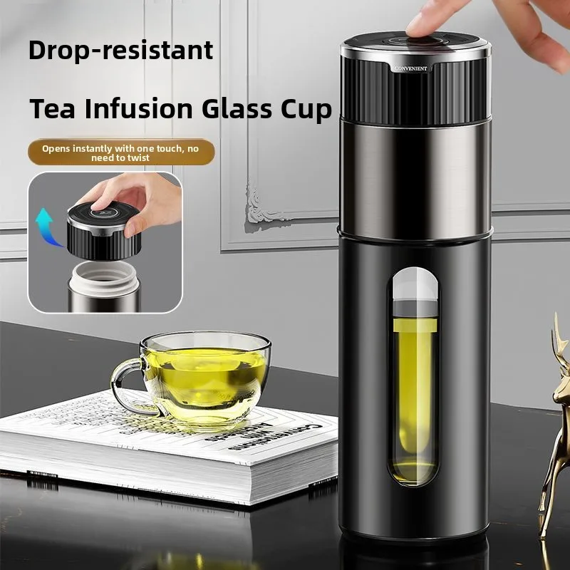 

Double Layered Glass Tea Cup for Car One Touch Lid Opening Heat Insulation Large Capaci Busin Tea Water Separation Cup