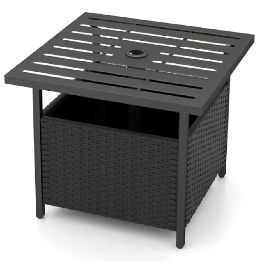 

Outdoor Side Table with Umbrella Hole 22" Wicker Umbrella Stand Holder and Base Weather-Resistant PE Rattan Patio End Table for