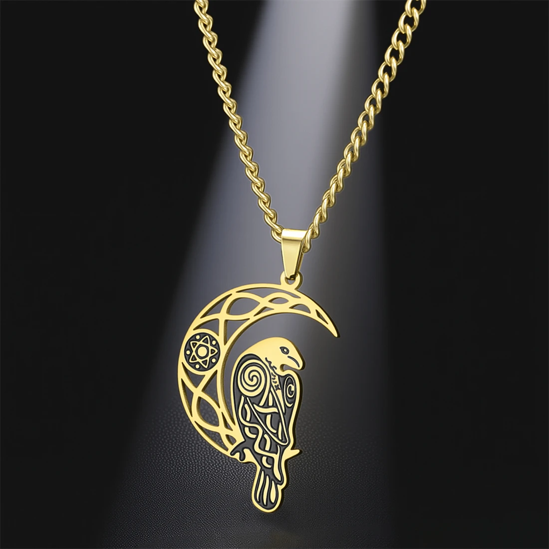 Celtic Crescent Crow Bird Nordic Viking Pentagram Stainless Steel Necklace for Men and Women Witchcraft Accessories Gift