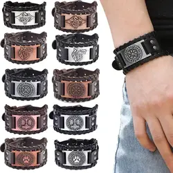 Norse Viking Bracelet With Wristband Clasp Vintage Woven Wide Bracelet PU Leather Metal Punk Bracelet Mens