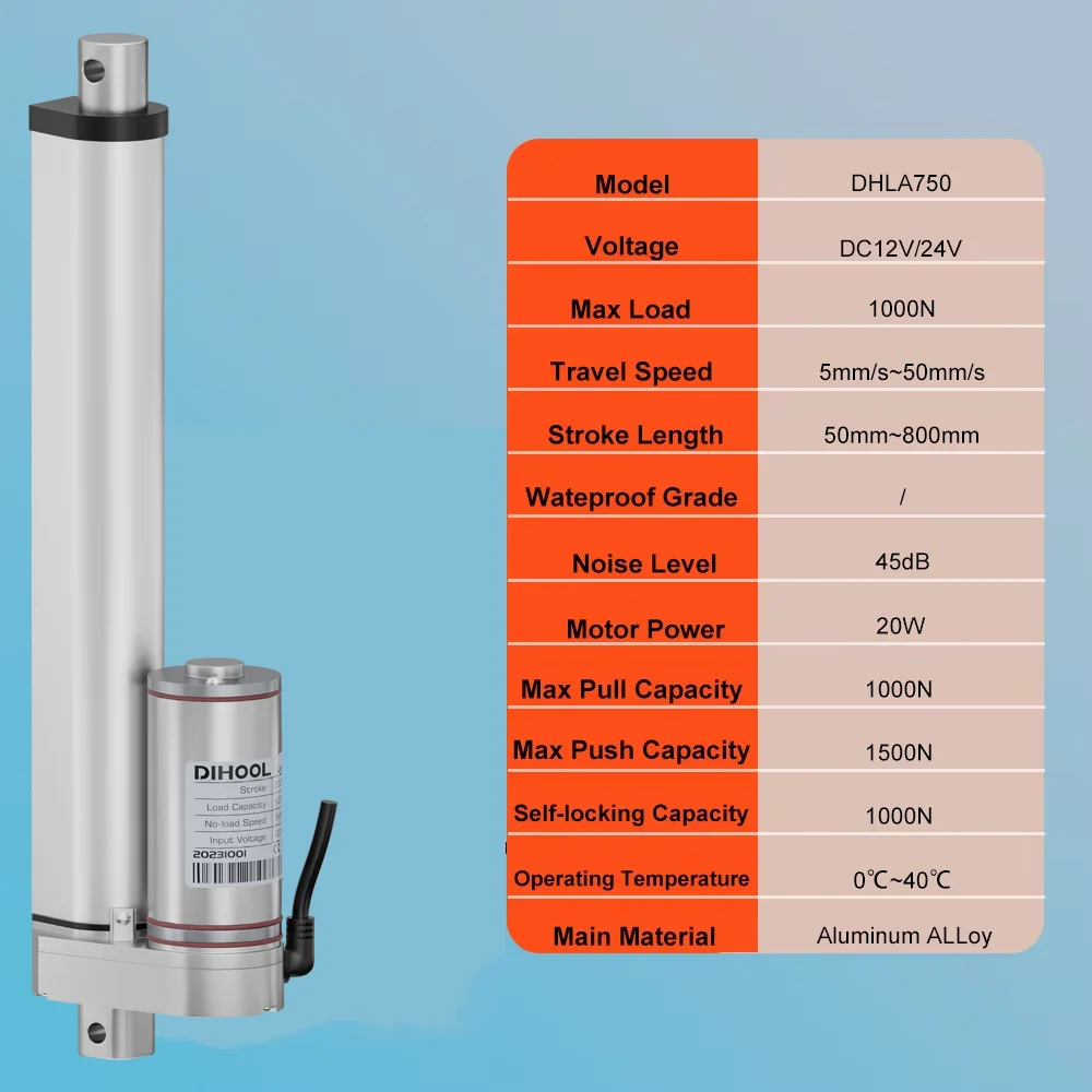 Dihool 1000N DC12V/24V Electric Linear Actuator 100mm~800mm Stroke 20W Motor 15kg-100kg Load Capacity Aluminum Tube With Bracket