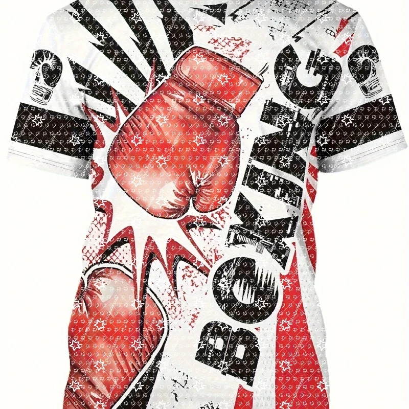 Boxing Glove Graphic Short Sleeve T Shirt Retro Graffiti Print Unisex Casual Tee Streetwear Sports Loose Top for Men Women