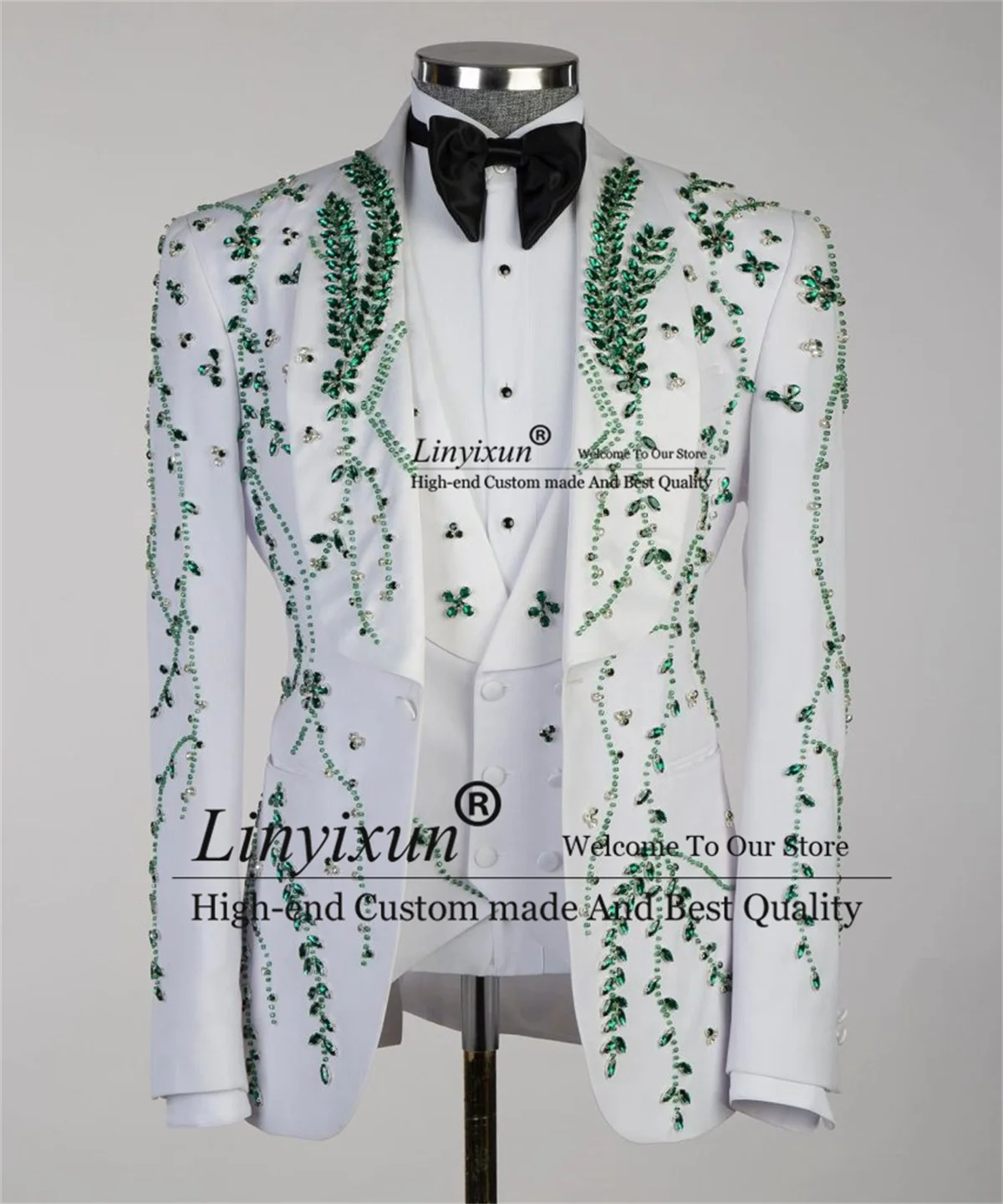 Stuning Crystal Beaded Men Suits Shawl Lapel Slim Wedding Groomroom Tuxedos 3 Pieces Sets Male Blazers Customized Costume Homme