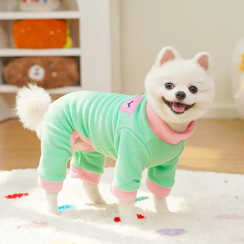 

Bear Pattern Plush Dog Jumpsuit Colorful Comfortable Warm Dog Pajamas Pet Base Shirt with D Ring Winter Pet Overalls