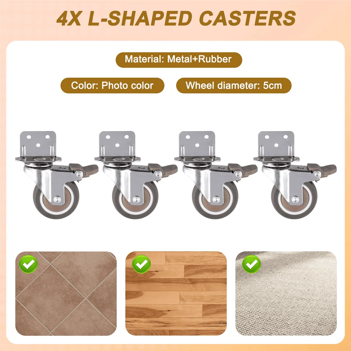 4Pcs L Type Furniture Casters Heavy Duty Soft Rubber Mute Caster Wheels Trolley Baby Crib Bed Universal Side Mounted Wheels