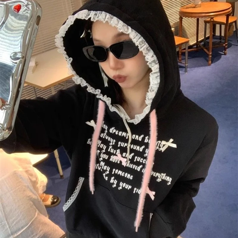 Deeptown Sweet Lace Bow Hoodies Women Black Shoujo Girl Aesthetic Kawaii Pullovers Preppy Style Oversized Letter Sweatshirts