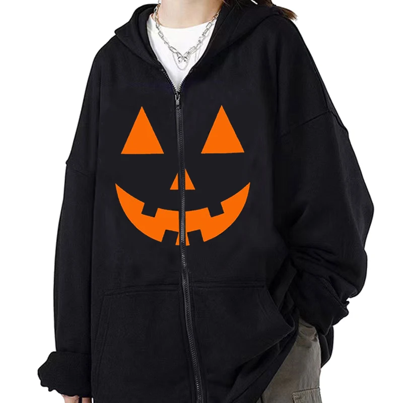 Oversized Y2K Aesthetic Gothic Hoodie Halloween Graphic Pumpkin Print New Long Sleeve Zip Up Sweatshirts Jacket Coat Streetwear