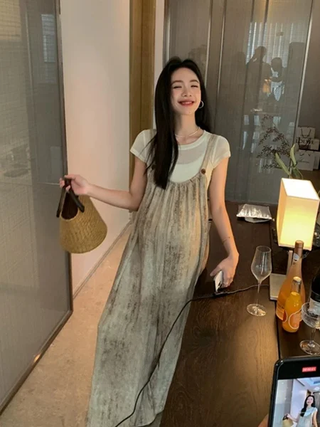 Women's Summer 2026 New Loose Casual Wide Leg Jumpsuit Drapey Gradient Strap Pants Long Pants High Waist Button Polyester