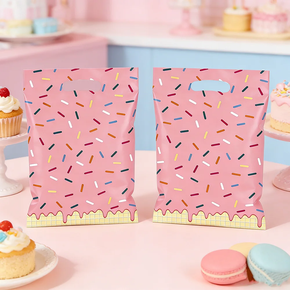 Rosa Streusel-Geschenktüten mit Kordelzug für Kindergeburtstage, Plastiktüten für Süßigkeiten und Leckereien – Detail 4
