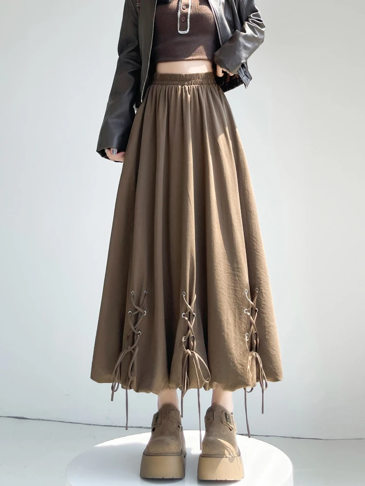 Retro flower bud lantern half skirt women autumn high waist hanging feeling medium long A-line large swing umbrella skirt