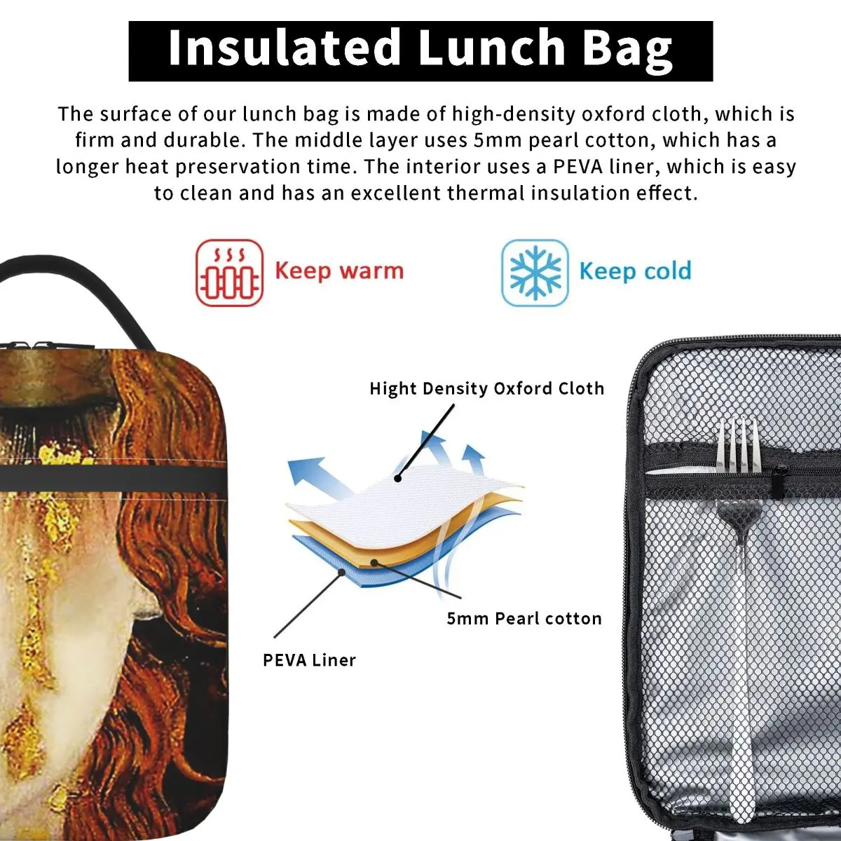 Klimt Golden T Insulated Lunch Bag for Women Kids Portable Food Boxes Thermal Lunch Box Tote