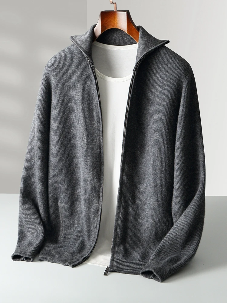 

Men's Wool Sweater Autumn Winter Turn-down Collar Zippers Cardigan Classics Casual 100% Merino Wool Knitwear Thick Cashmere Tops
