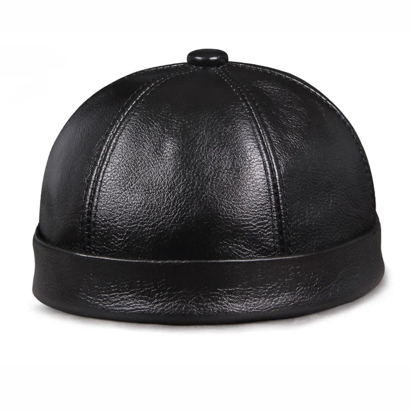 Spring/Winter Women Genuine Leather Cowhide Retro Watermelon Thin Beanie Hats Male Casual Caps Female Black Bonnet Mujer