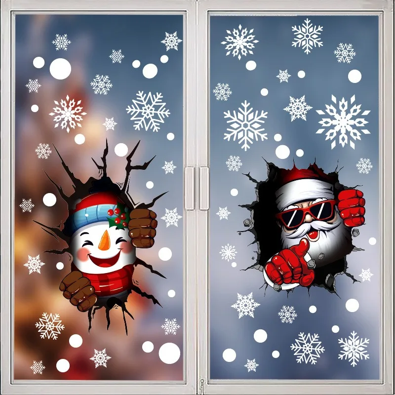 Christmas Decorative Glass Stickers Simulation Crack Gap 3D Santa Claus Window Stickers Elk Snowman Electrostatic Stickers