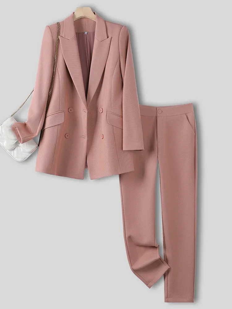 

Pink Coffee Black Double Breasted Blazer and Pant Suit Ladies Female Business Jacket Trouser Women Formal 2 Piece Set